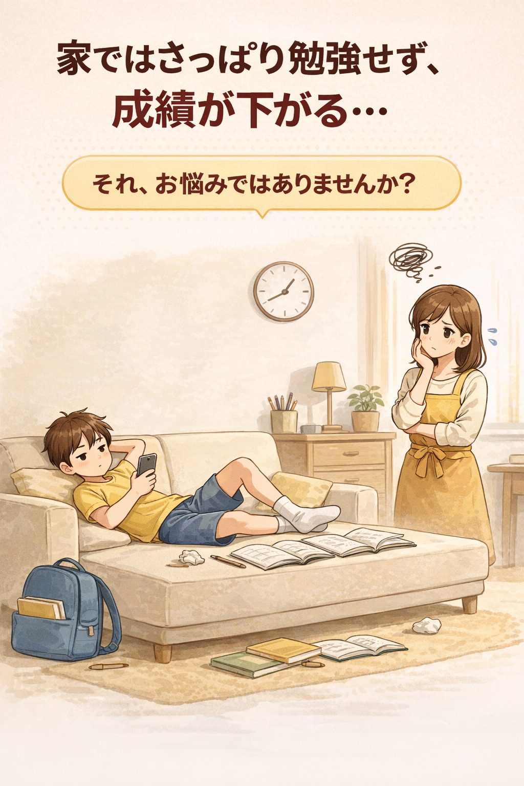 家で勉強が続かず不安になる親子の様子のイラスト